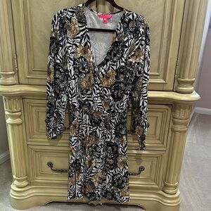 Lilly Pulitzer Black and Gold Floral Long Sleeve Dress M
